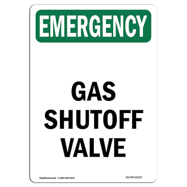 Safety Sign, OSHA EMERGENCY, 5" Height, Gas Shutoff Valve, Portrait, 10PK